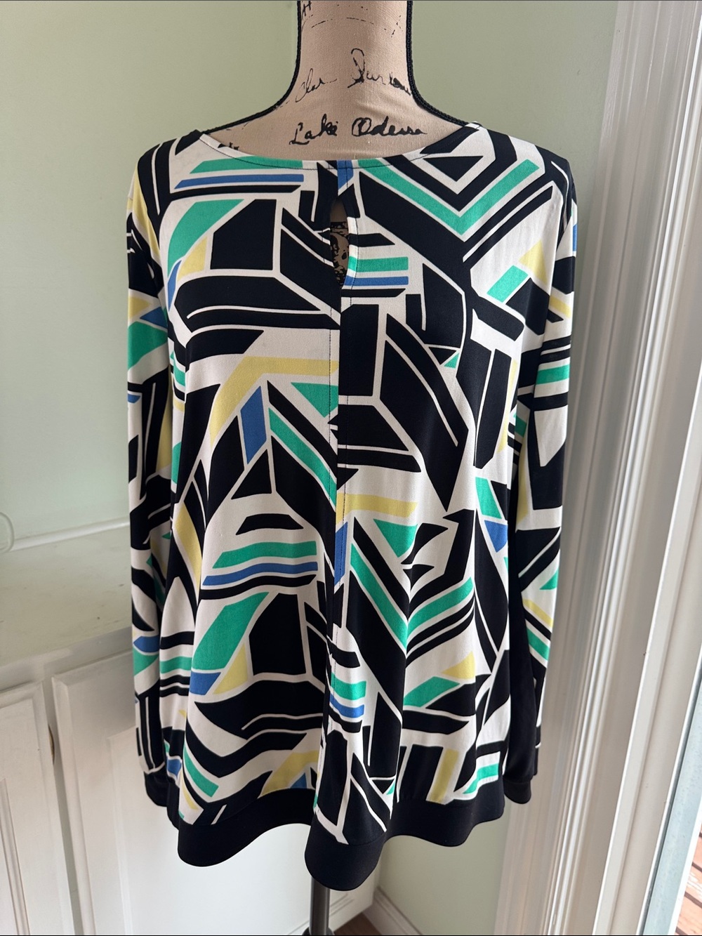 Worthington Black Geometric Long Sleeve Top with Teal, Yellow & Blue Accents